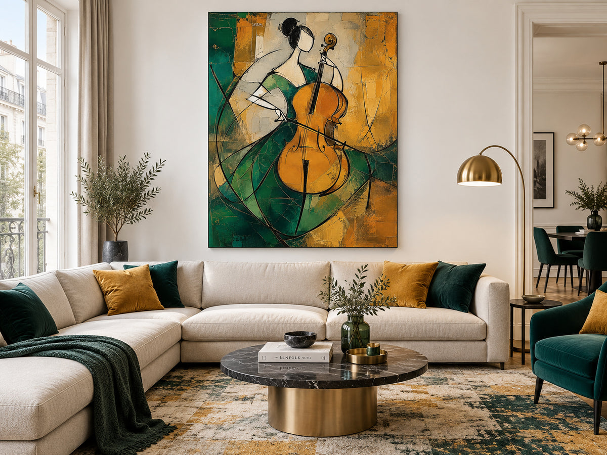 Cubist Style Minimalist Oil Painting With Textured Emerald And Gold Tones