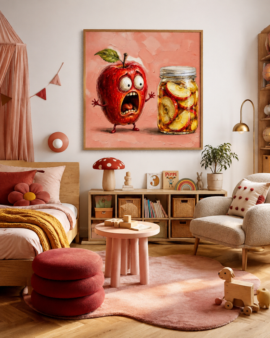 Surreal Anthropomorphic Apple Artwork With Preserved Fruit Jar For Playful Rooms