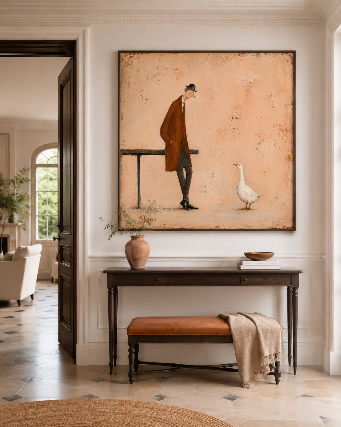 Retro Storytelling Art Hand-Painted Canvas Warm Beige Tone Original