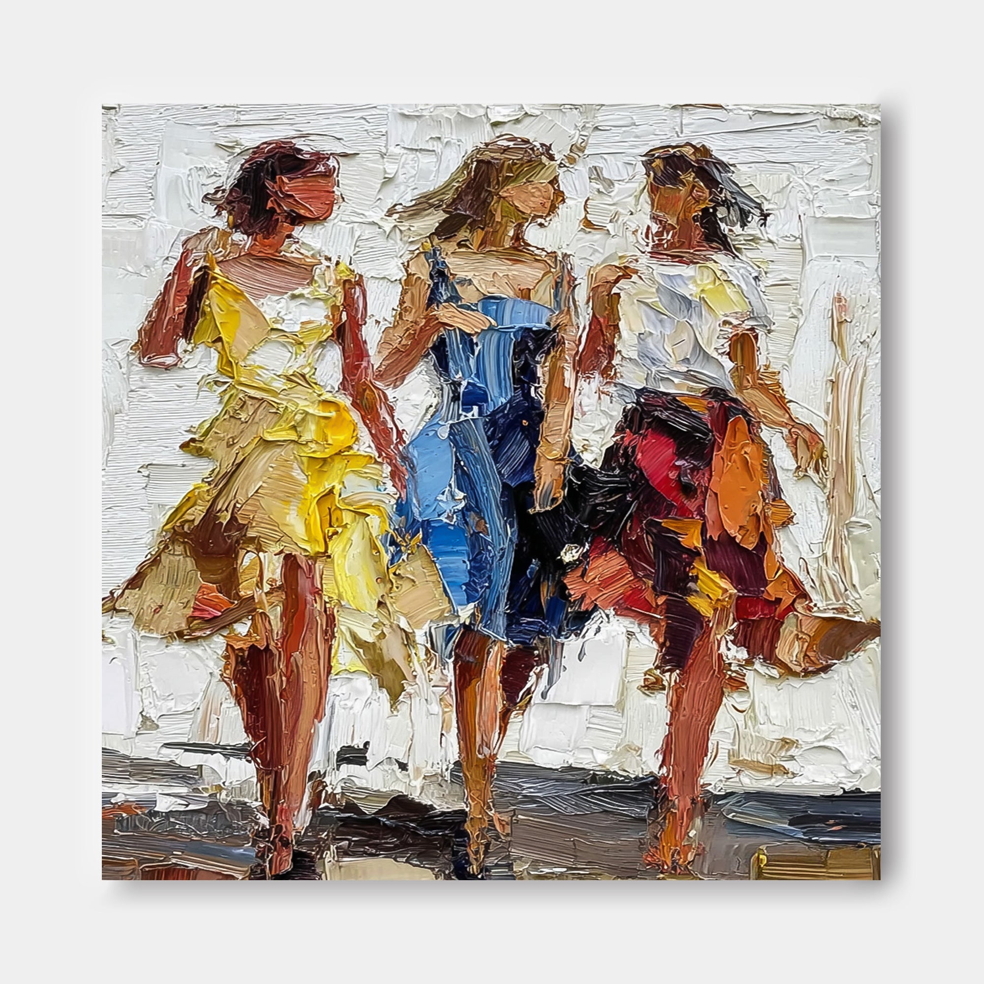 Textured Art Painting Of Three Women Friends With Bold Palette Knife Strokes For Modern Home Decor