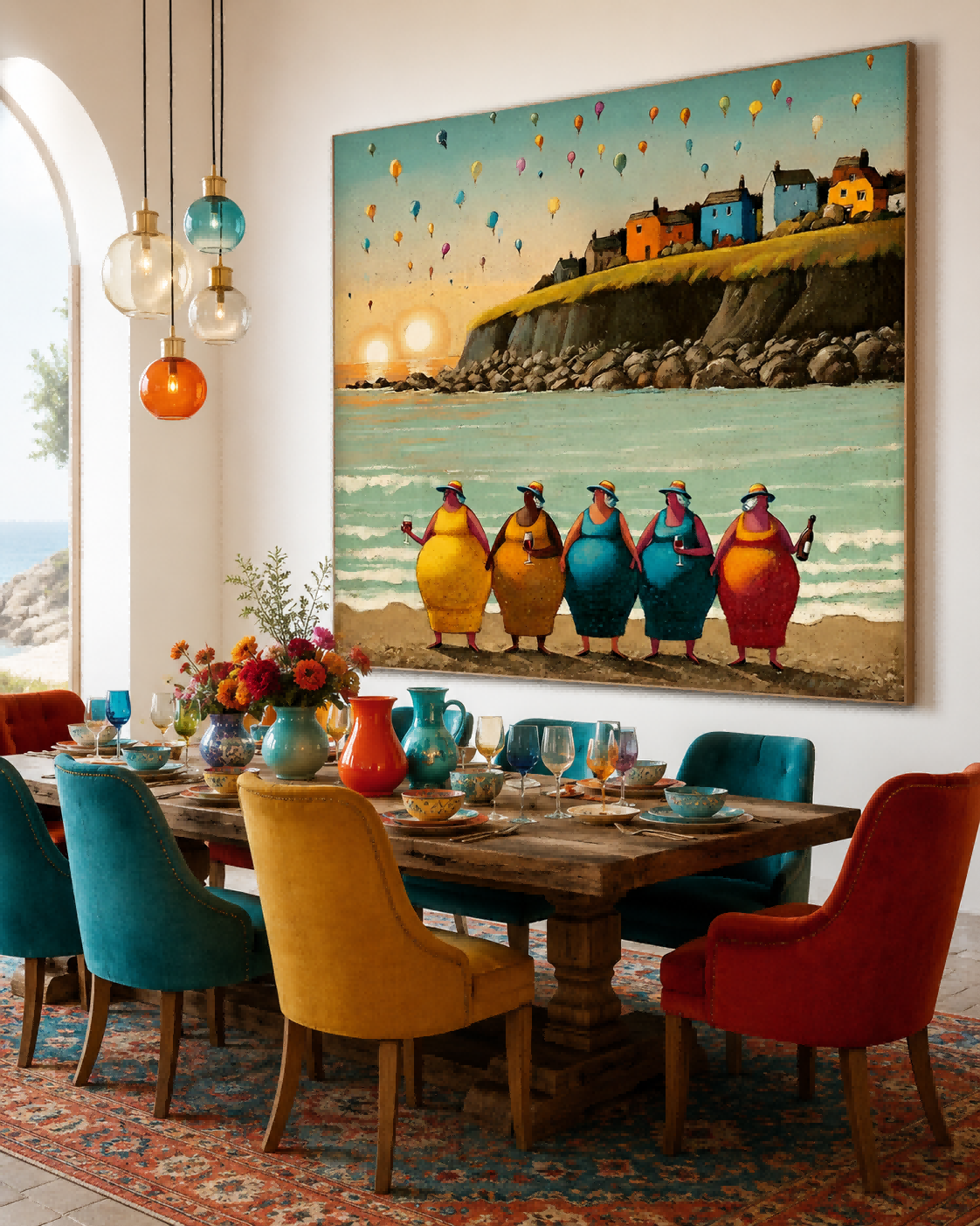 Colorful Women By The Sea Square Canvas Art For Living Room Decor