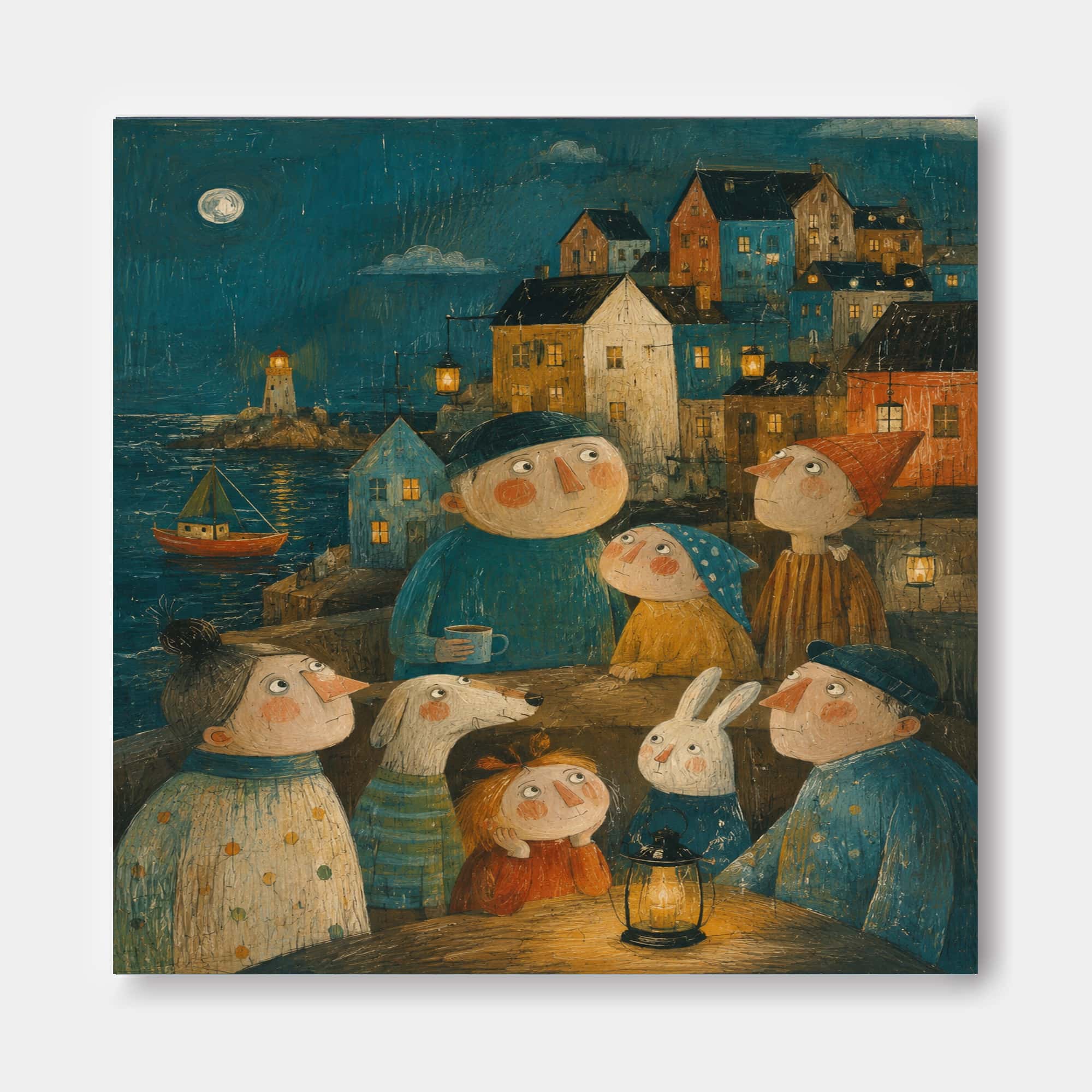 Naive Art Style Painting Of A Fantasy Port Town Under A Full Moon