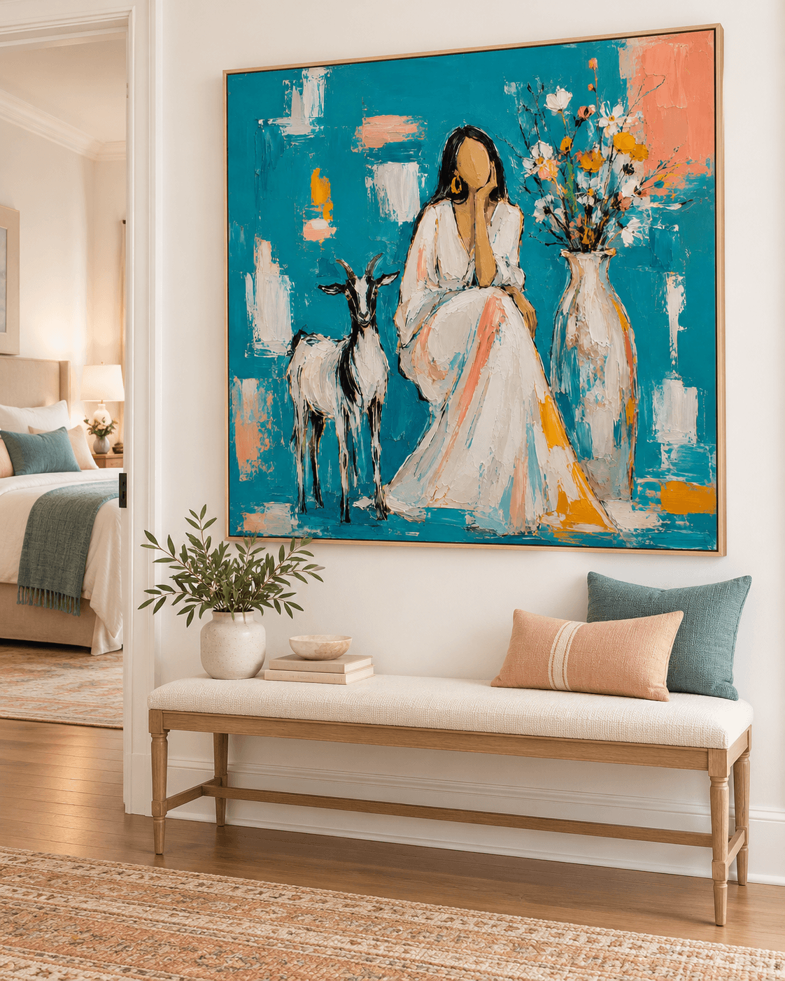 Minimalist Textured Oil Painting With Pastoral Theme And Blue Tone Woman With Goat And Flowers Abstract Canvas Art