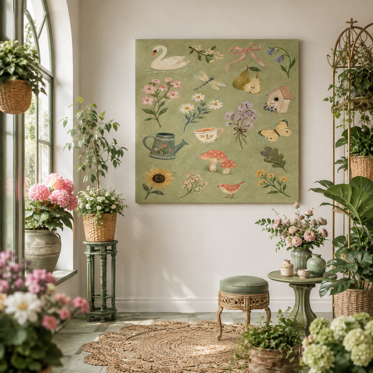 Square Canvas Wall Art Featuring Whimsical Garden Elements In Retro Style