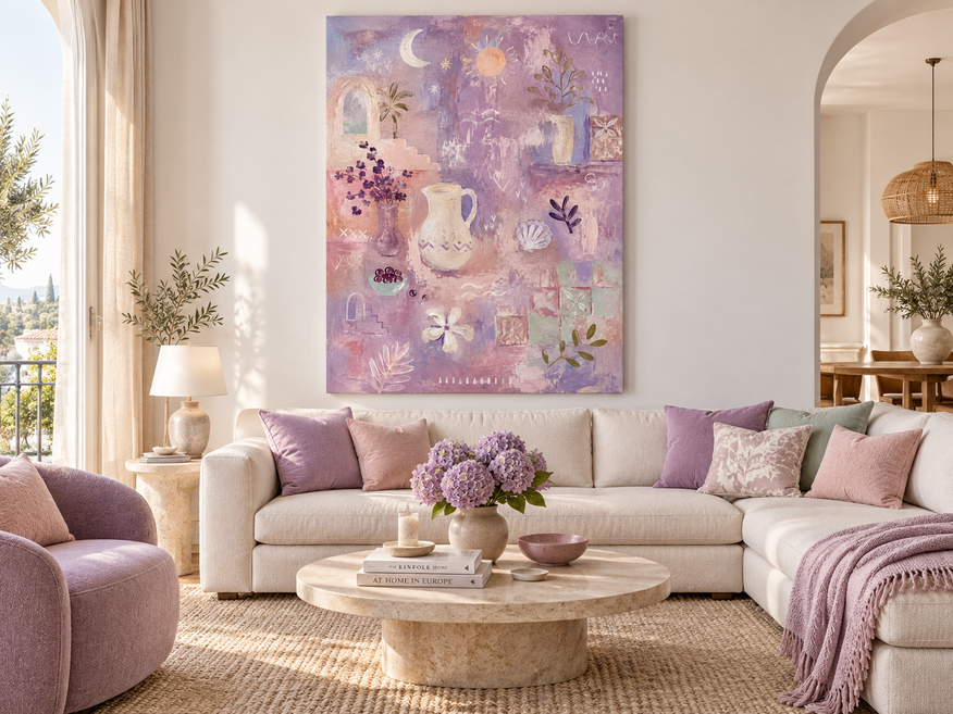 Romantic Vintage Geometric Abstract Painting In Soft Morandi Purple Tones