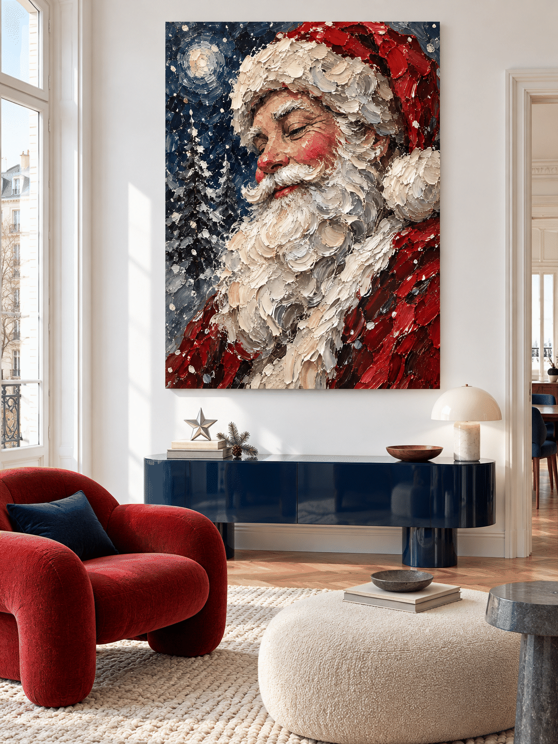 Modern Impressionist Holiday Painting With Serene Santa And Moonlit Sky Design