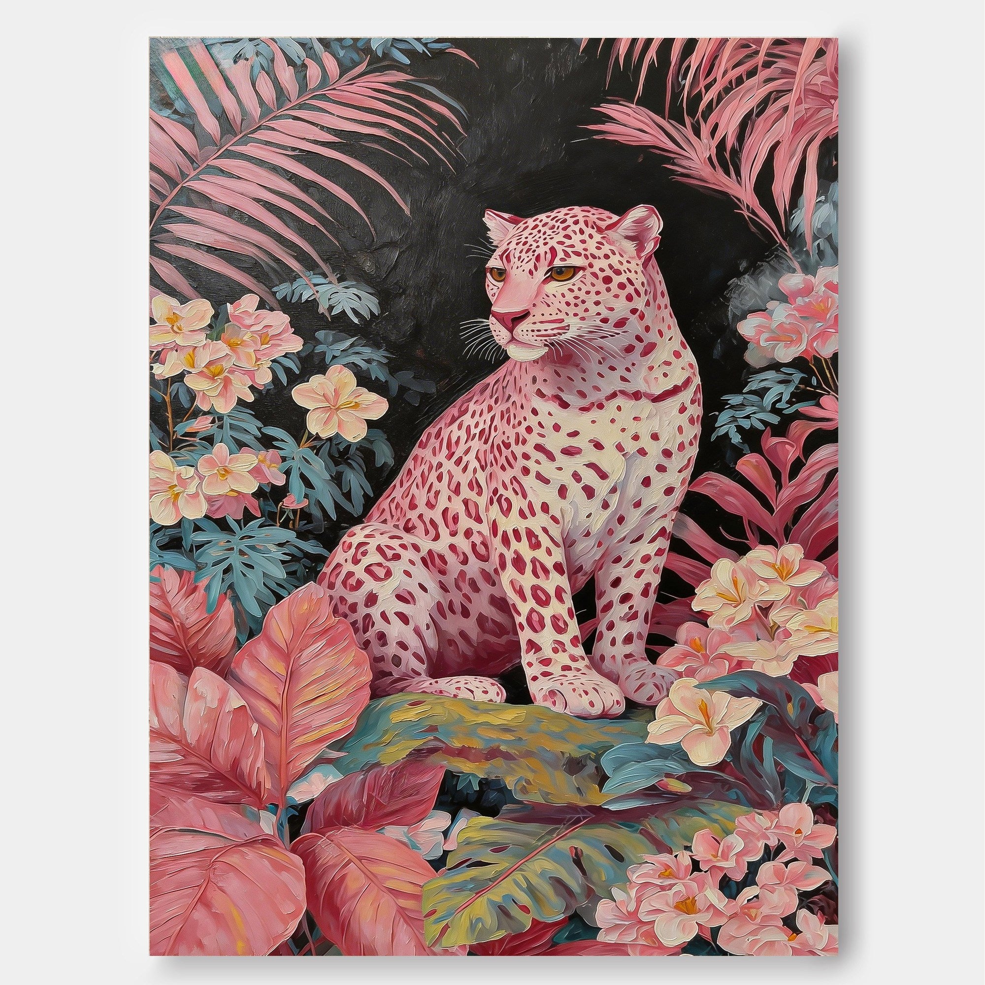 Pink Leopard Painting In Tropical Jungle For Modern Living Room Wall Art Decor