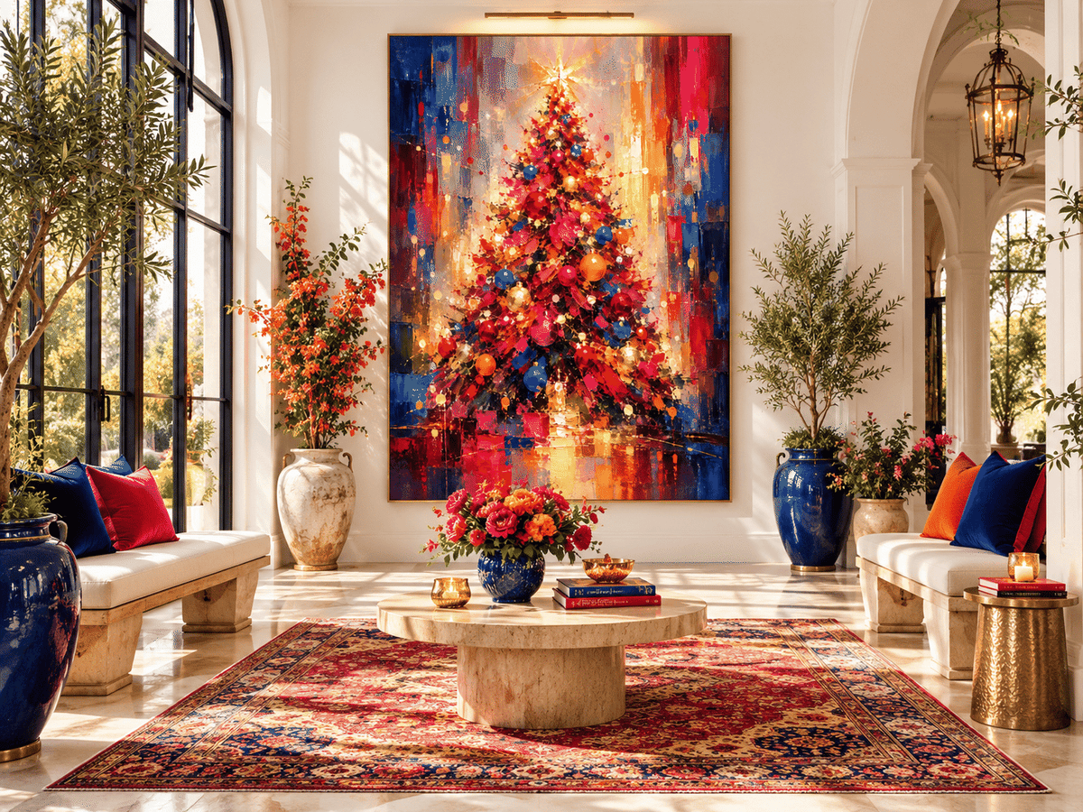 Expressionist Abstract Christmas Tree Canvas Painting With Gold And Red Ornaments For Holiday Decor