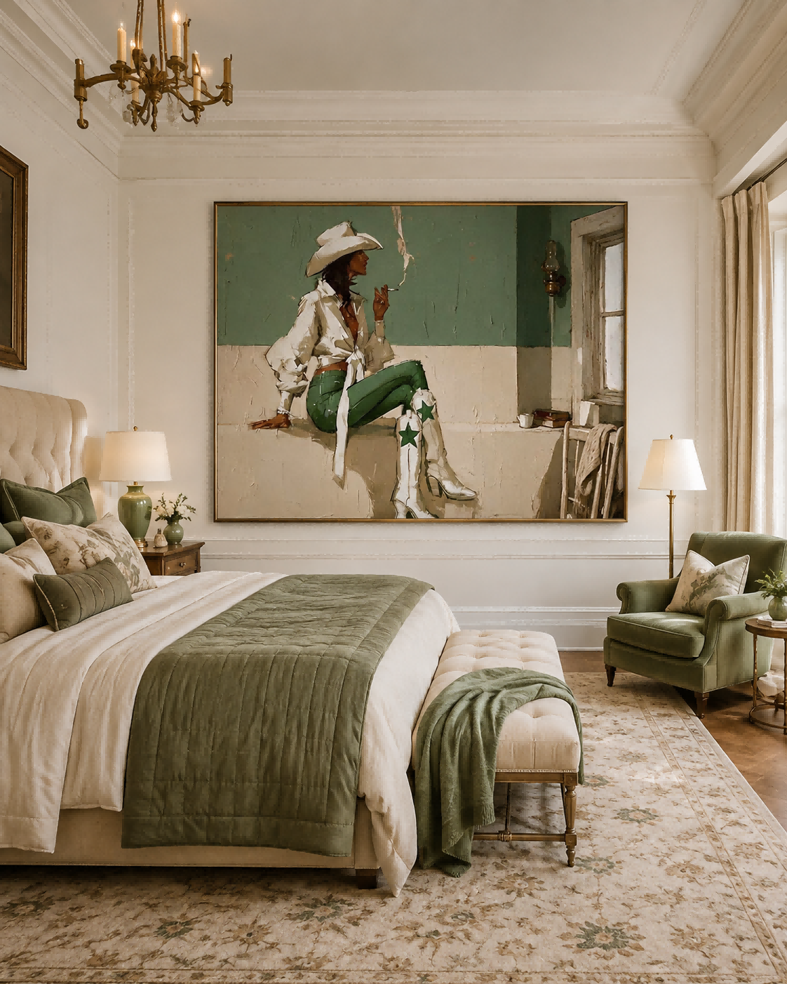 Modern Western Cowgirl Art Painting With Green And White Tones For Living Room Decor