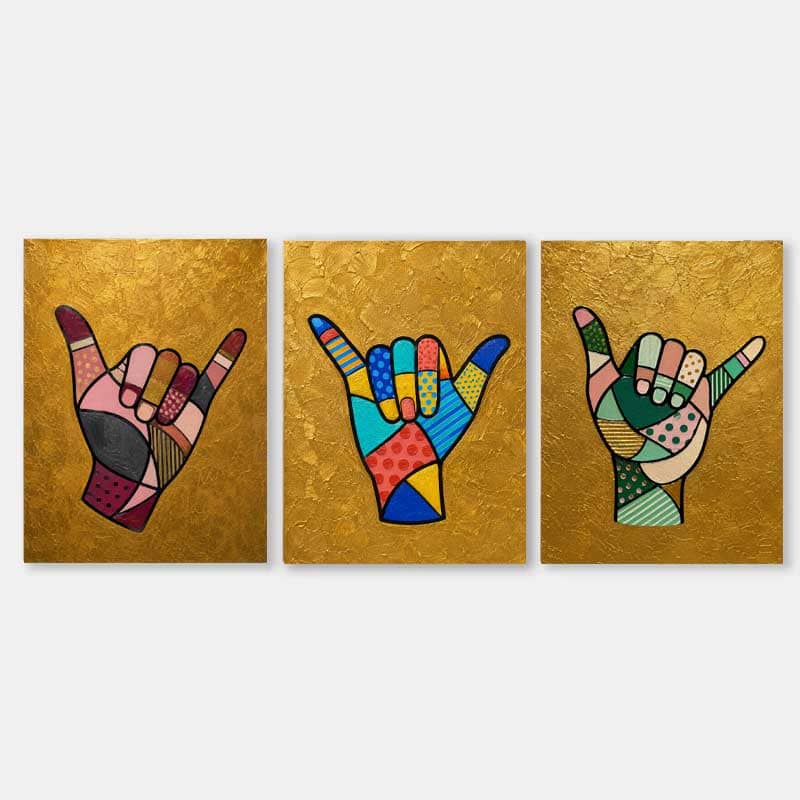 Modern Pop Art Triptych With Geometric Patterns And Textured Gold Finish