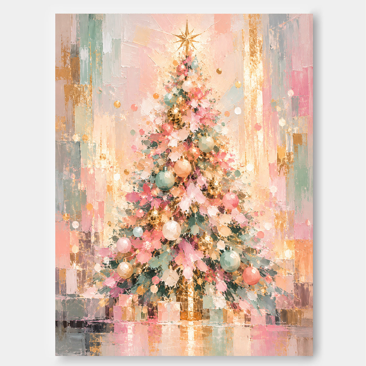 Hand-Painted Abstract Christmas Tree Canvas Art In Pink And Gold Modern Vintage Abstract Painting