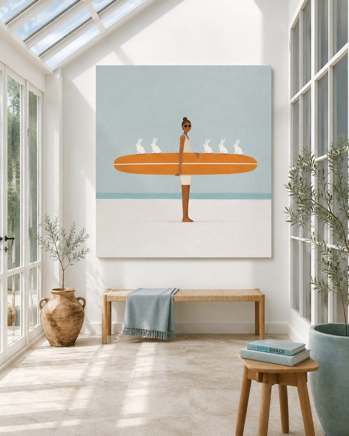 Hand-Painted Surfboard And Bunnies Abstract Canvas Art With Orange Accents