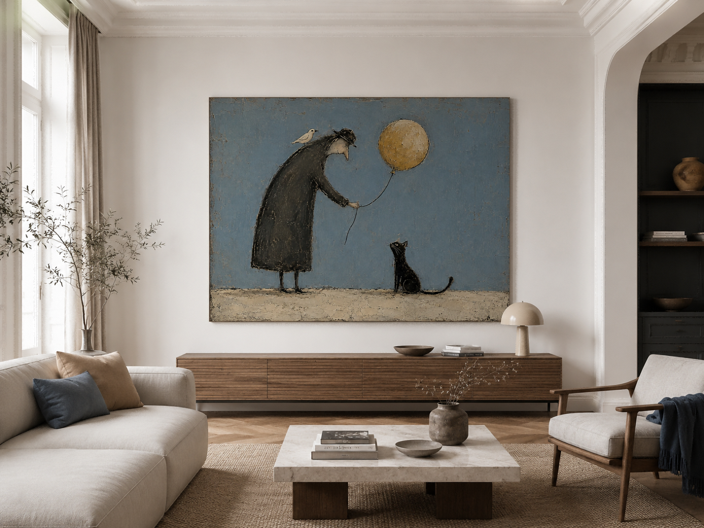 Healing Vintage Illustration Canvas Art Golden Blue Tones Whimsical Living Room Wall Art Modern Vintage Animal Painting