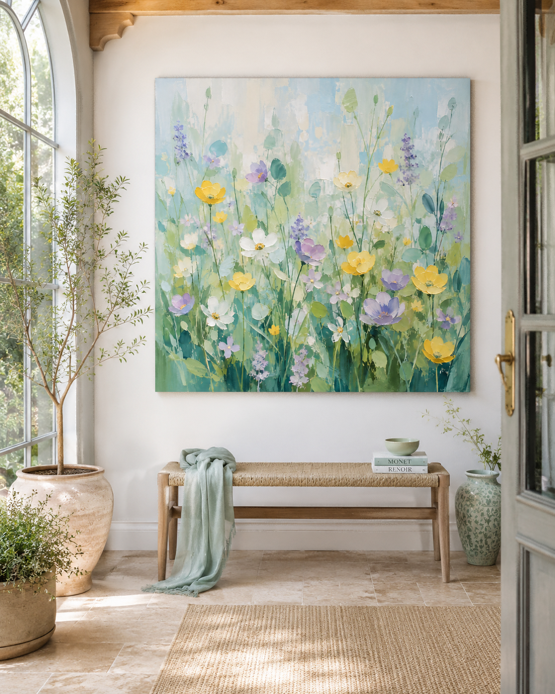 Hand-Painted Floral Meadow Canvas Art With Impasto Texture For Modern Home