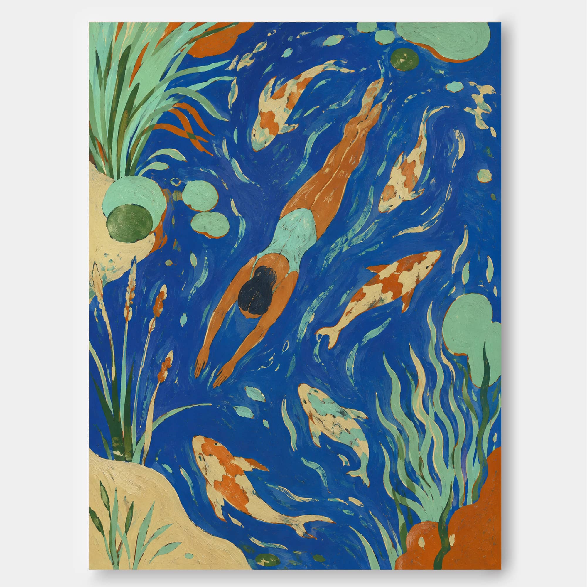 Art Deco Style Swimming Scene Original Canvas Painting With Fish