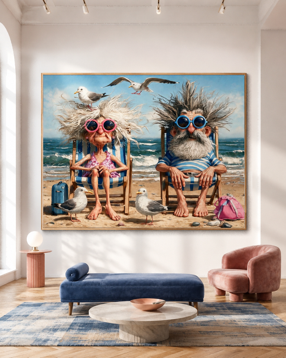 Retro Vintage Style Funny People Painting With Blue Sky And Ocean Waves
