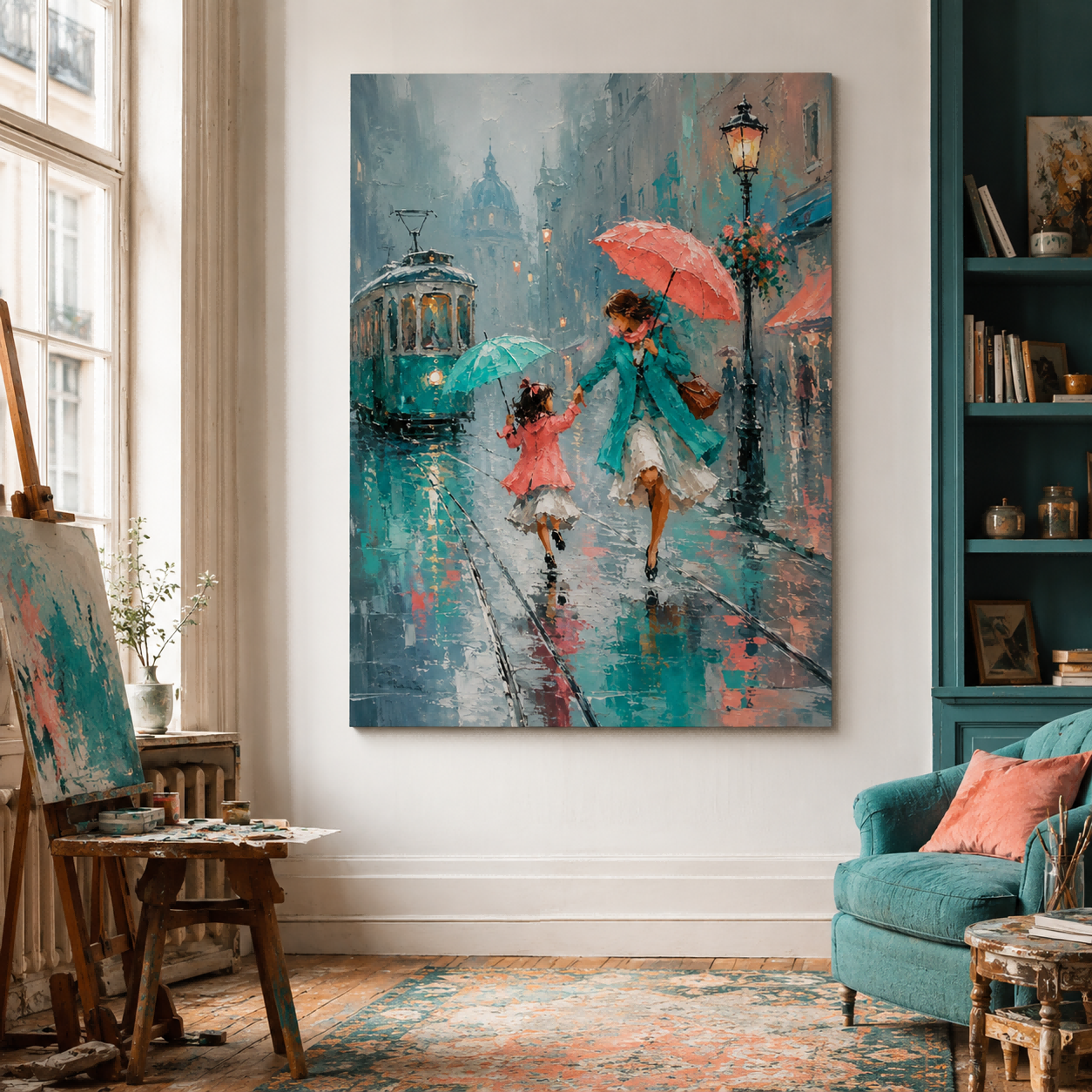 Textured Impressionist Oil Painting Of Mother Daughter Walking In Rain With Umbrellas Urban Life Art
