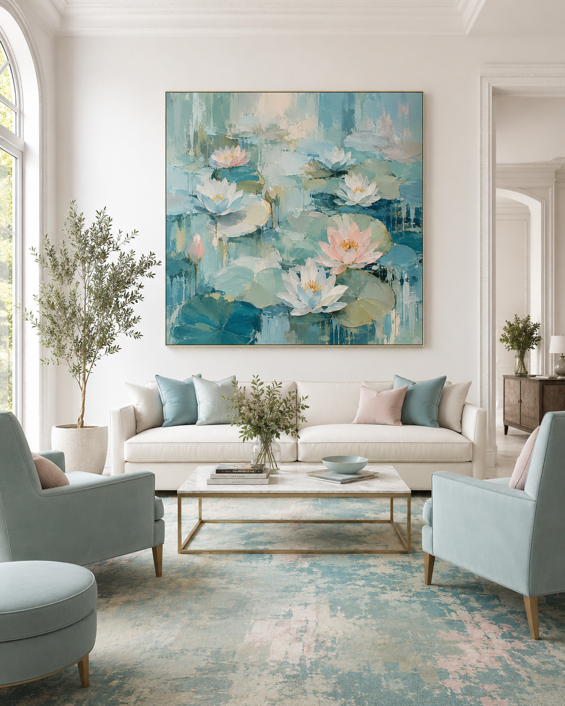Hand-Painted Water Lilies Abstract Canvas Art With Blue And Pink Tones Hand-Painted Water Lilies Abstract Canvas Art With Blue And Pink Tones
