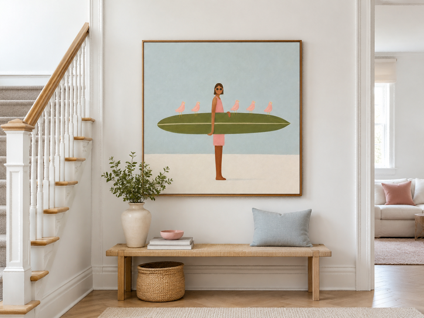 Hand-Painted Surfboard Girl With Birds Abstract Canvas Art In Green And Pink