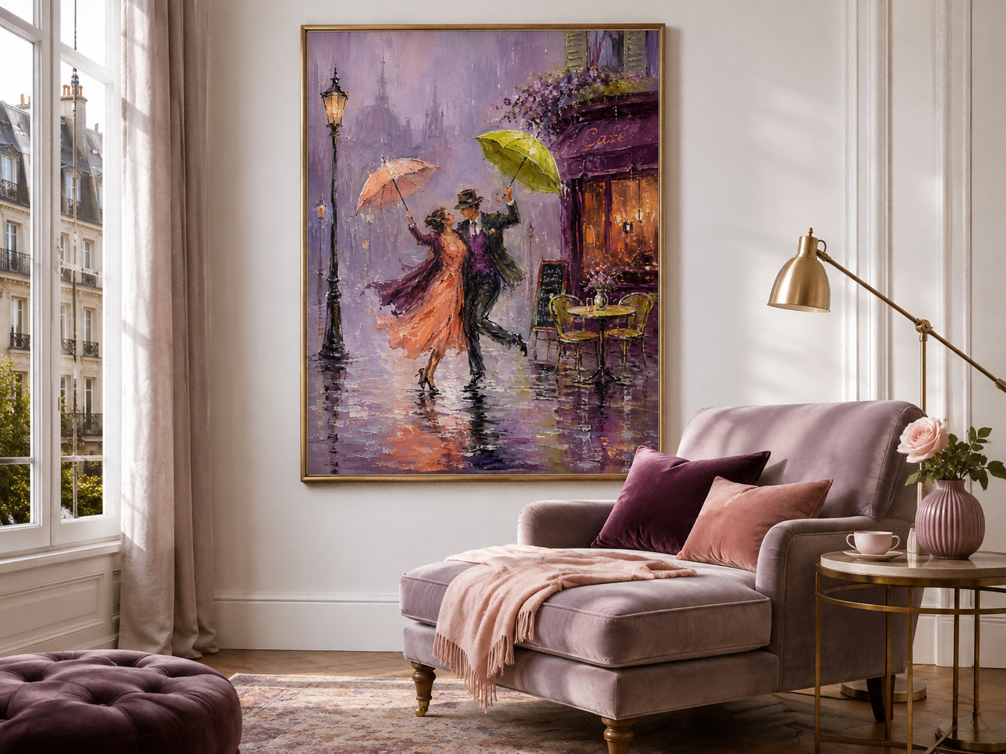 Romantic Impressionist Oil Painting Of Couple Dancing In Rain With Umbrellas For Living Room Decor