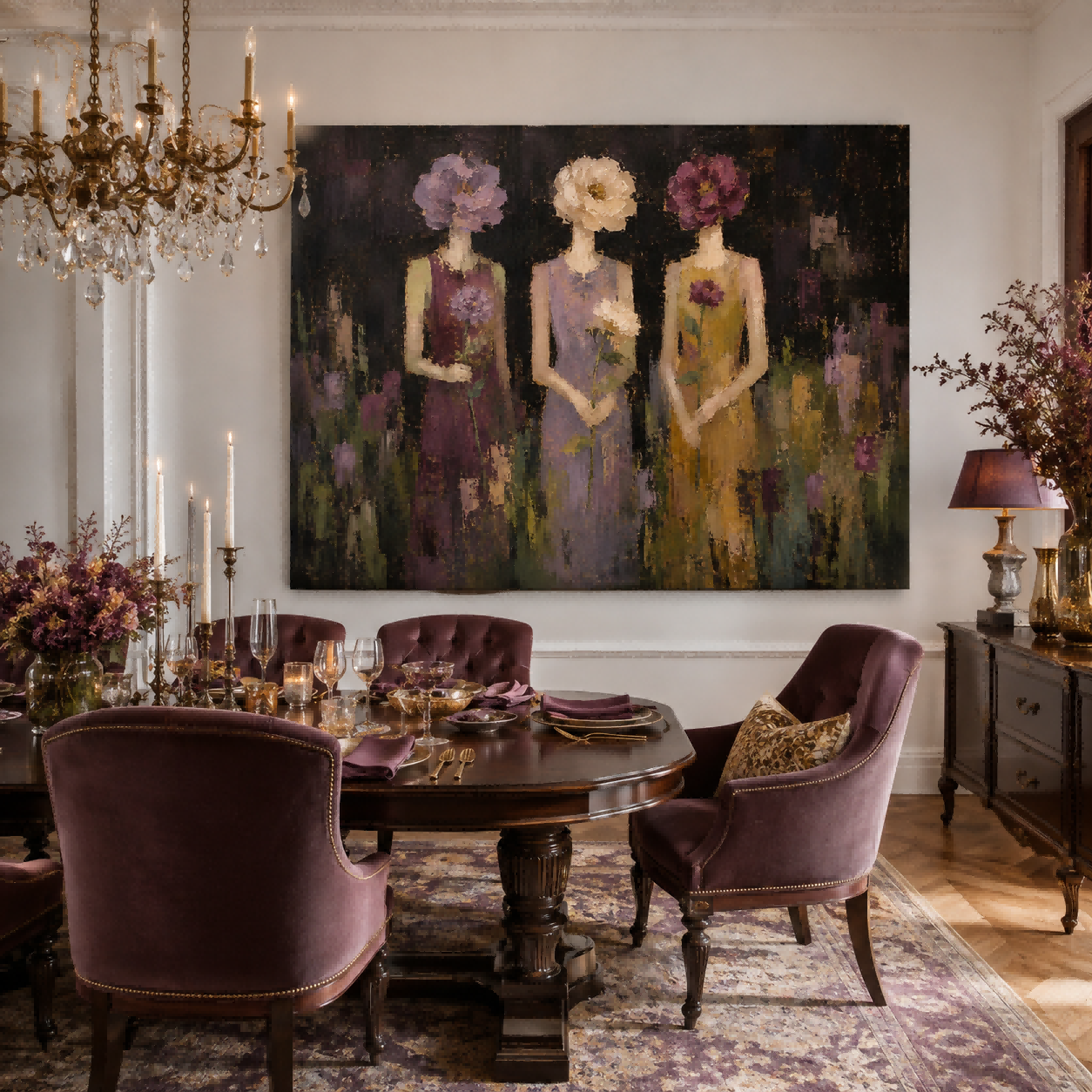Abstract Figurative Painting Of Women With Flowers In Rich Textured Oil Style