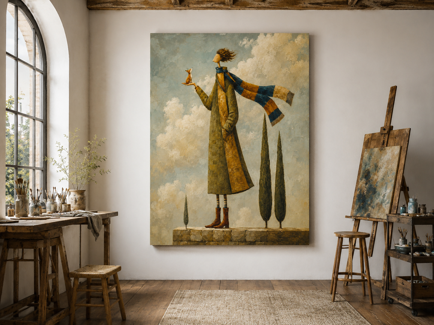Modern Surrealist Canvas Painting Abstract Figure Art With Impasto Texture And Fox