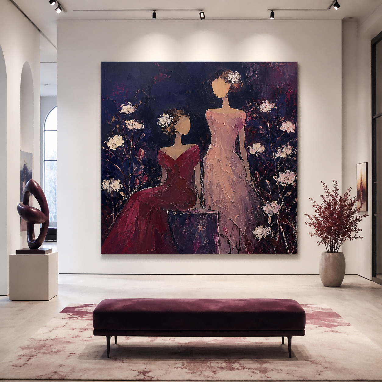 Vintage Faceless Women Painting With Flowers In Purple And Red For Bedroom Wall Art Decor