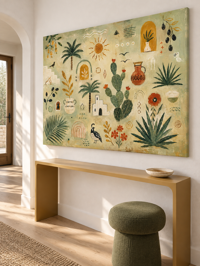 Hand-Painted Cactus And Palm Tree Abstract Canvas Art With Sun