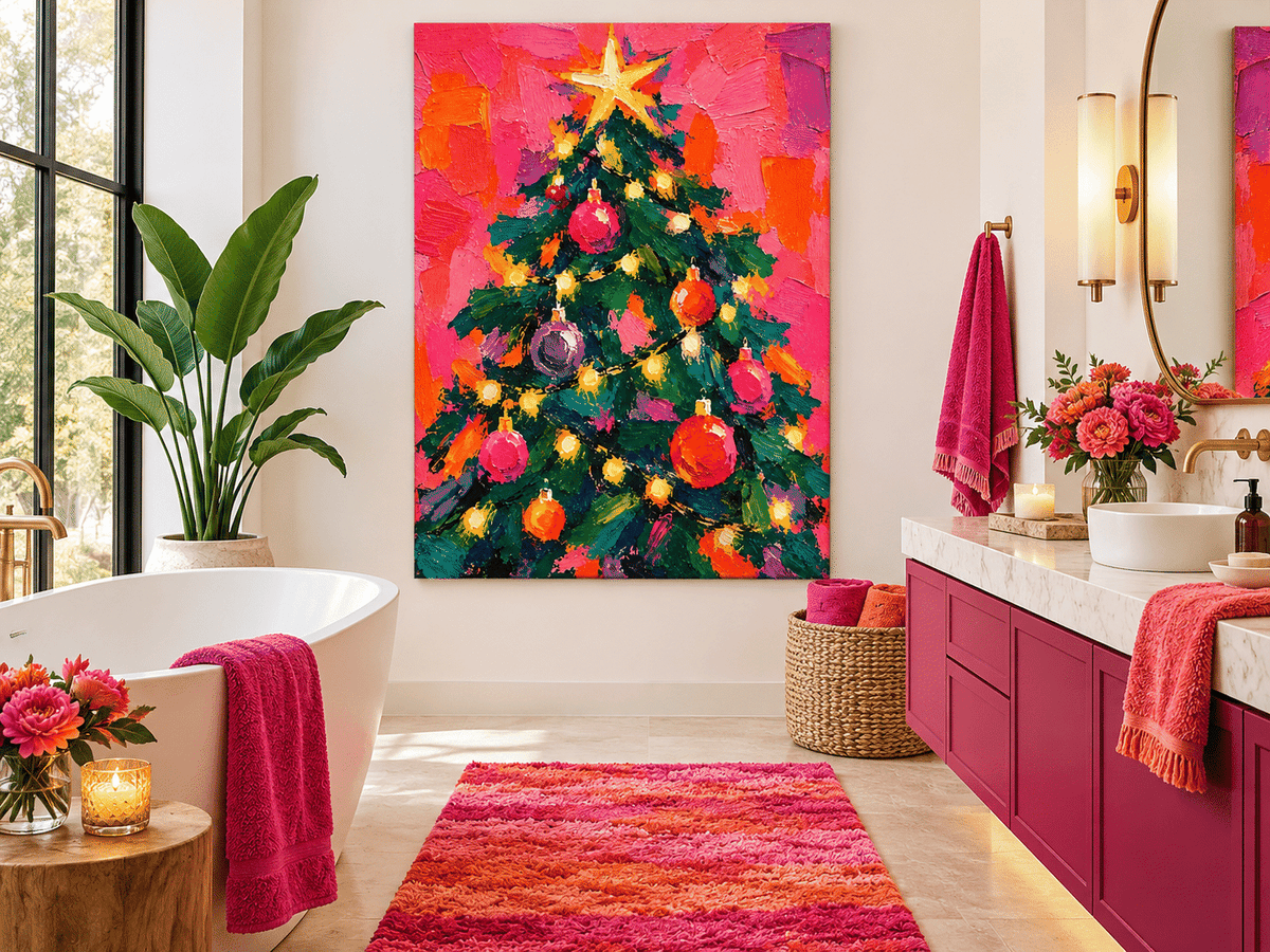 Abstract Christmas Tree Painting Hand-Painted Modern Holiday Wall Art With Star