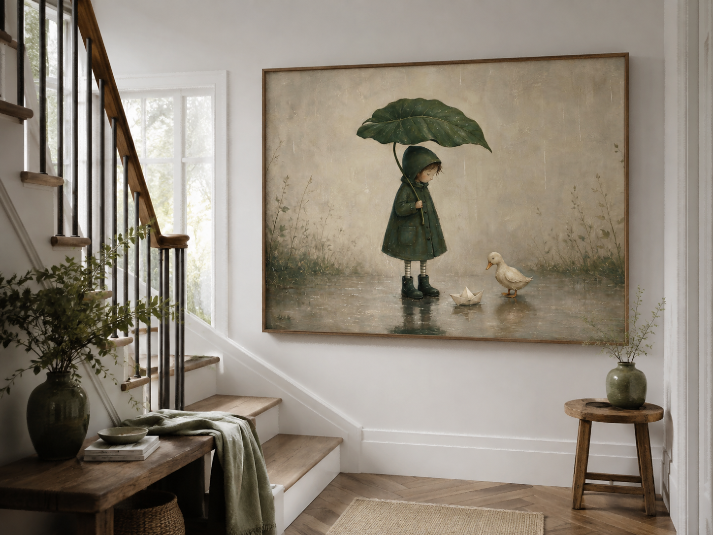 Vintage Style Rain Scene Painting With Paper Boat And Duckling For Wall Decor