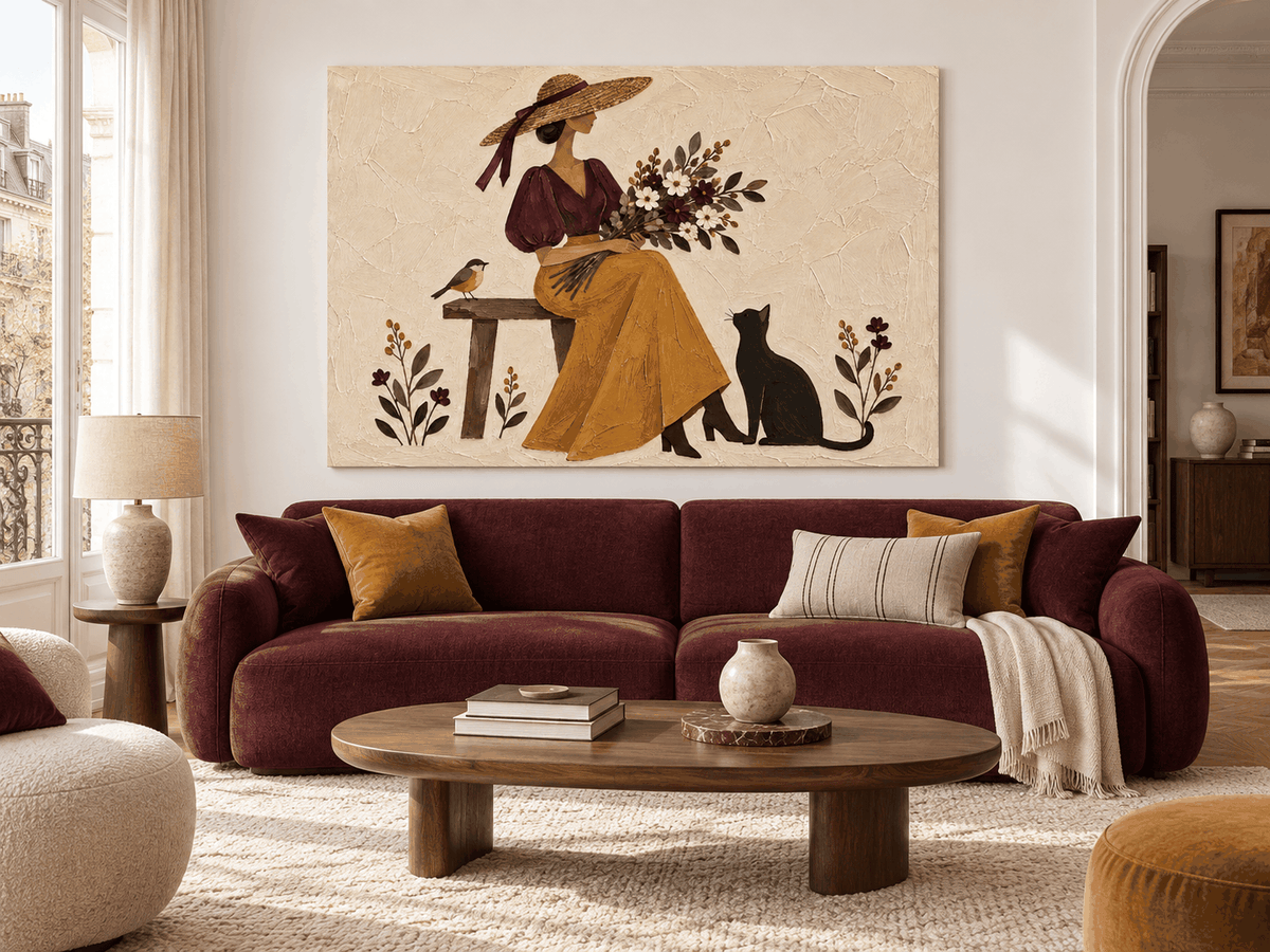 Lady With Flowers And Cat Hand-Painted Canvas Wall Art In Vintage Style