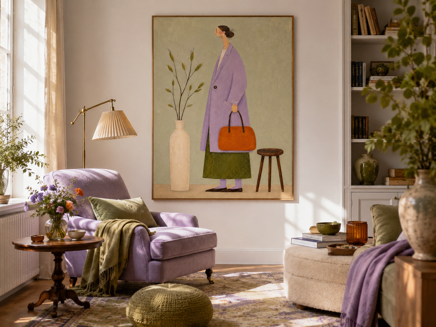 Charming Naive Art Painting Of Woman In Purple Coat For Modern Home Decor