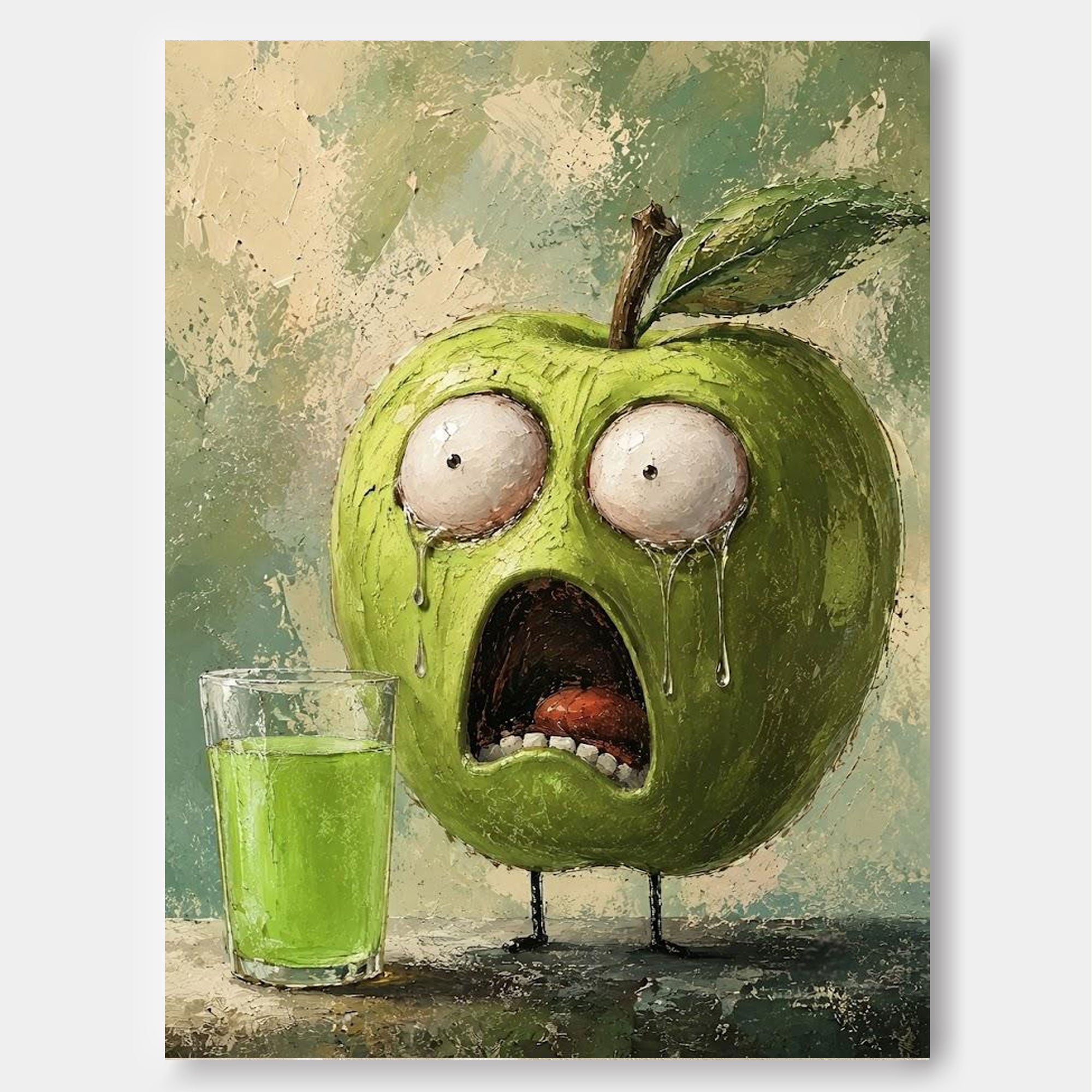 Quirky Anthropomorphic Green Apple Oil Painting With Expressive Face For Eclectic Interiors