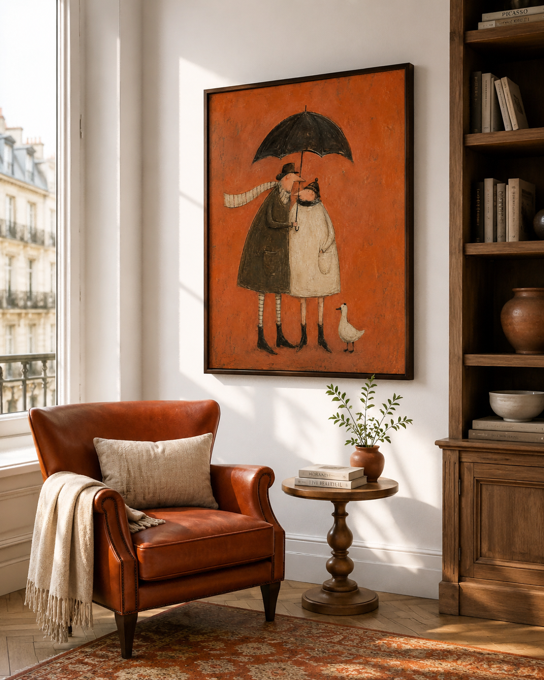 Vintage Couple With Umbrella And Duck Hand-Painted Canvas Wall Art In Warm Orange Tones