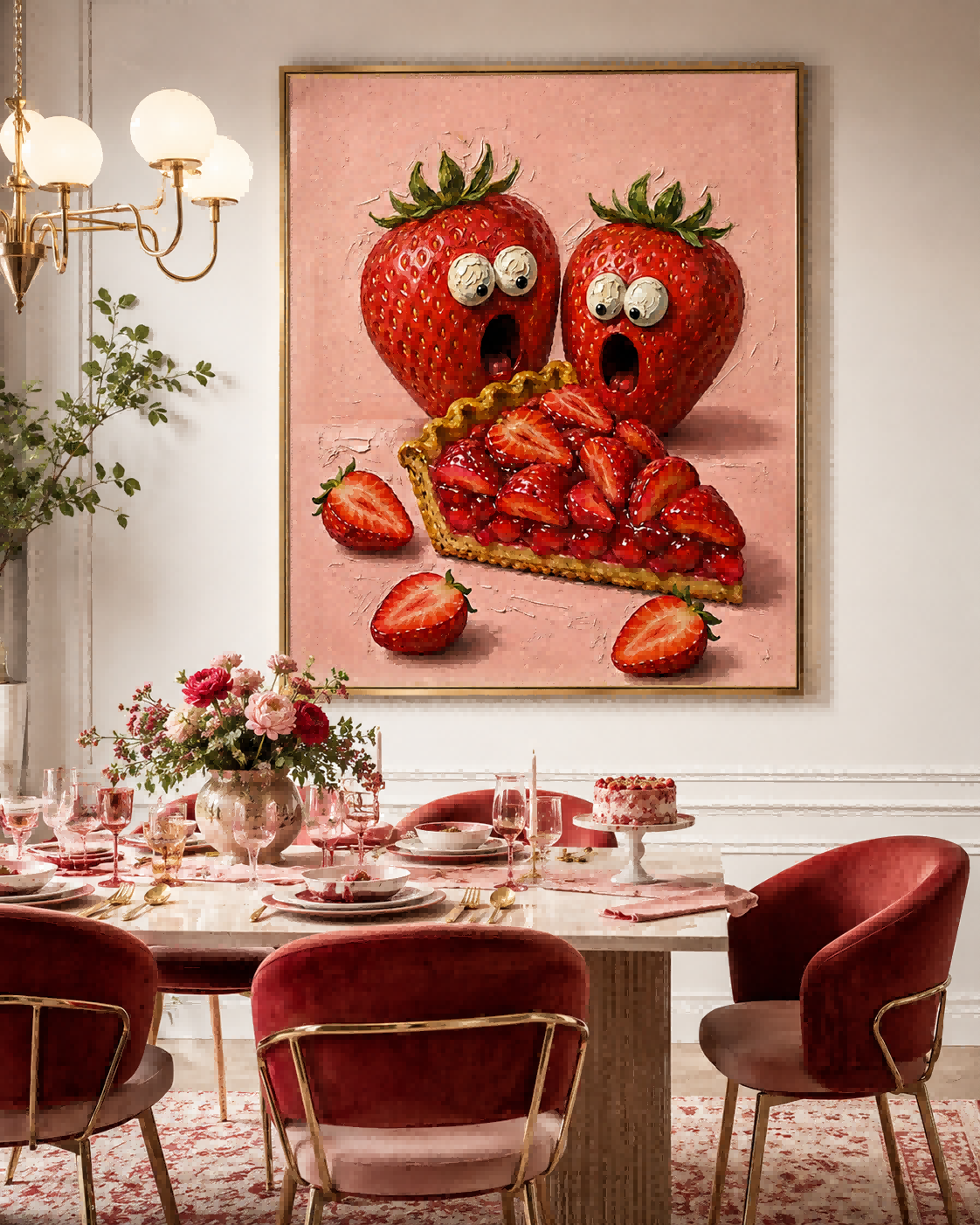 Funny Red And Pink Fruit Art Canvas Print For Playful Home Decoration