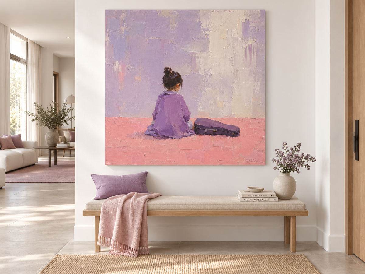 Abstract Modern Art With Girl Figure In Lavender And Blush Textured Canvas
