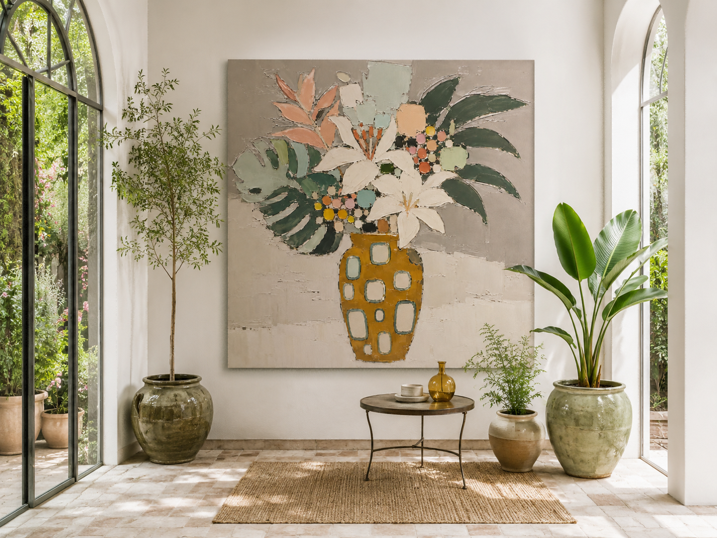 Abstract Floral Still Life With Lilies And Tropical Leaves Hand-Painted Canvas Art