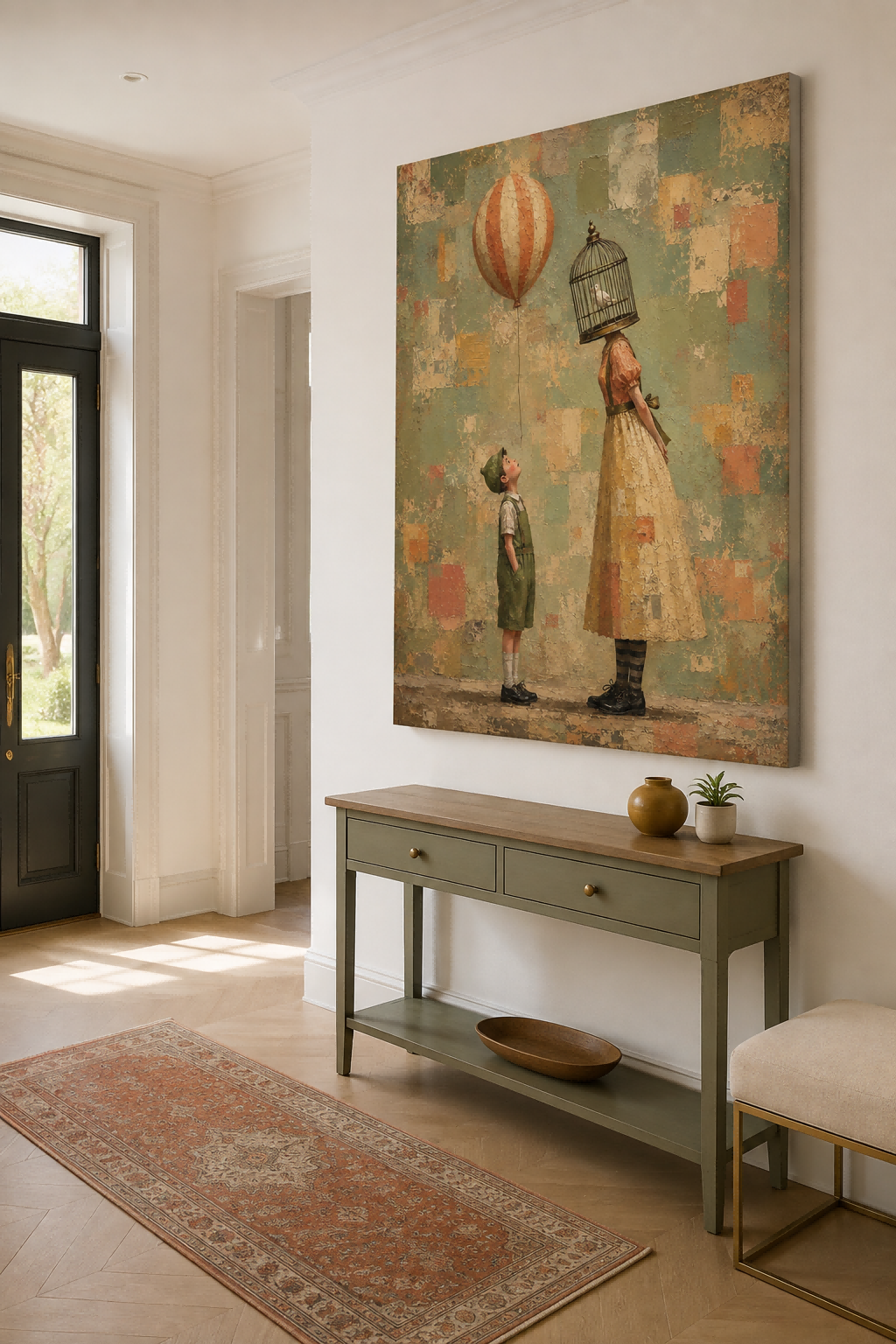 Birdcage Head Woman And Boy With Balloon Surreal Canvas Painting Vintage Style Artwork