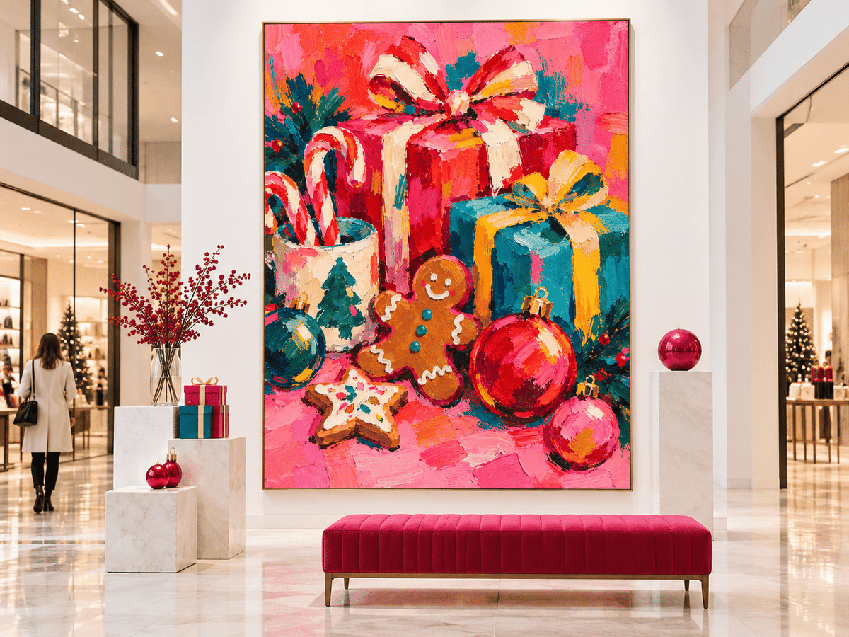 Abstract Vintage Holiday Painting With High Saturation Magenta And Teal Tones