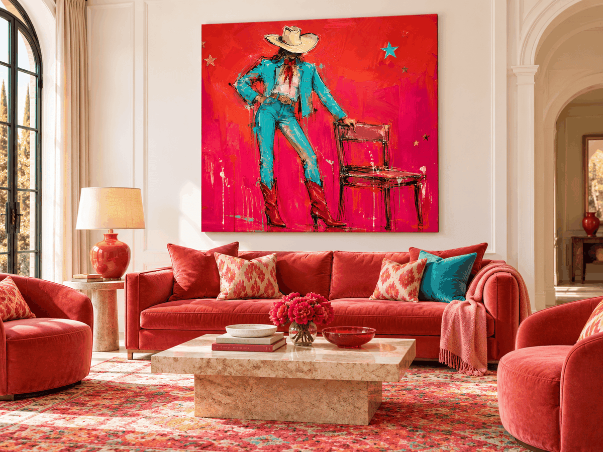 Cool Cowgirl With Red Boots Hand-Painted Canvas Art In Vibrant Red And Blue