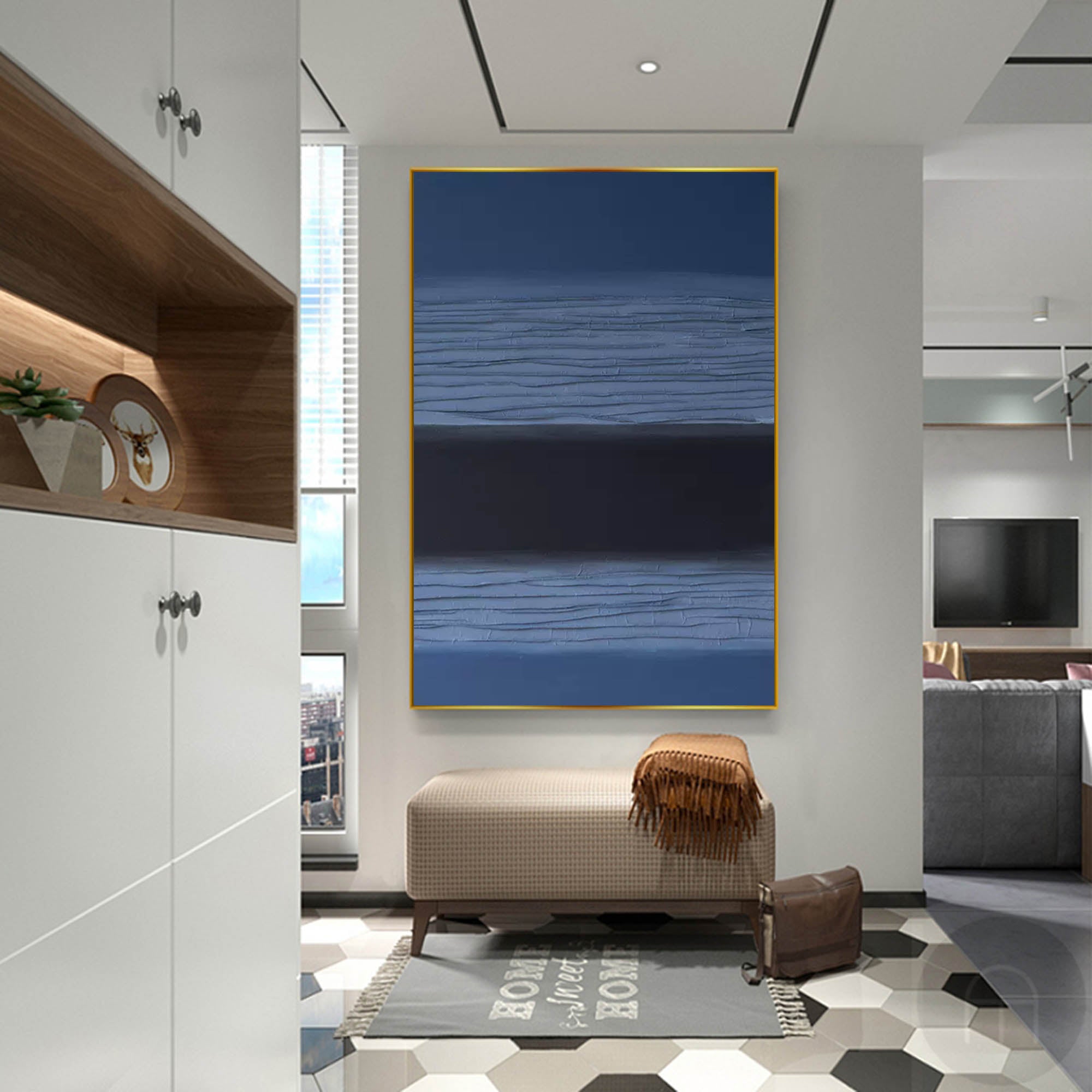 Blue And Black Large Abstract acrylic painting Texture Minimalist Oil Painting On Canvas Original Wall Art Home Decor