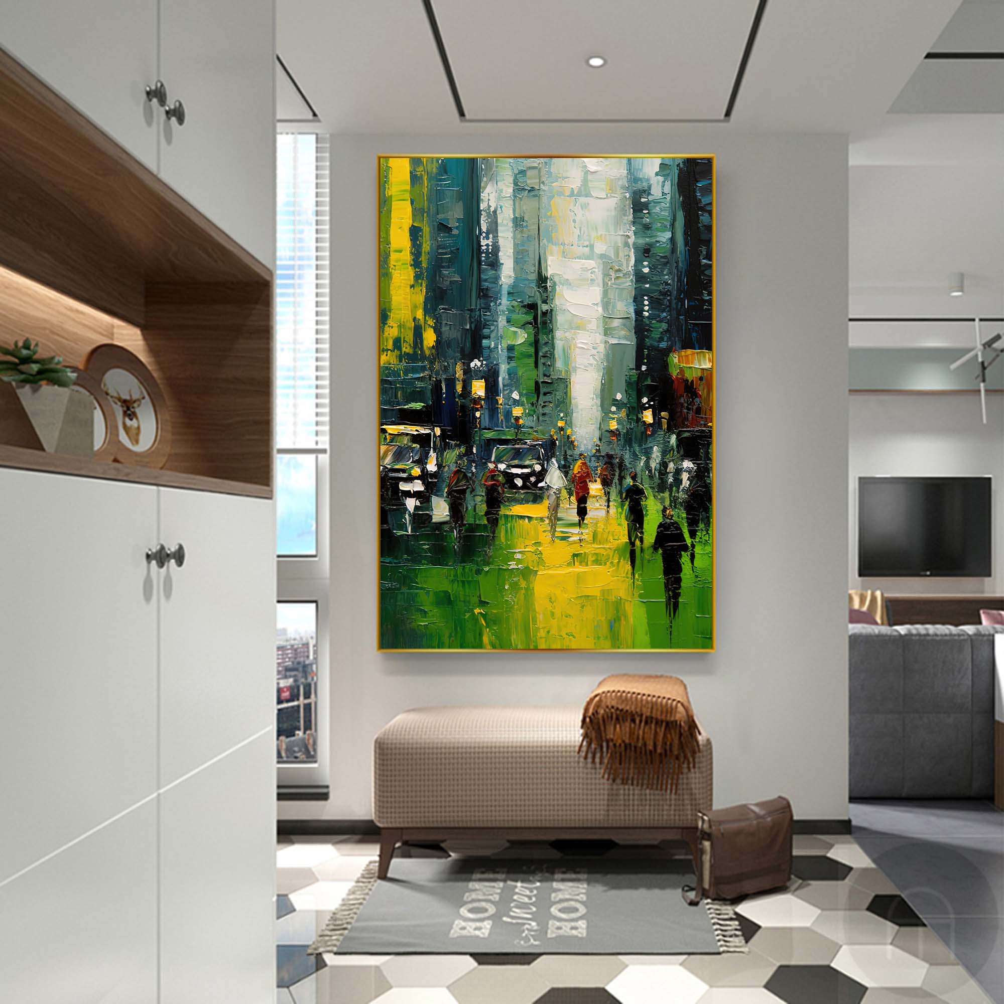 Original City Buildings Texture Urban Oil Painting Cityscape Green City Canvas Wall Art For Home Decor