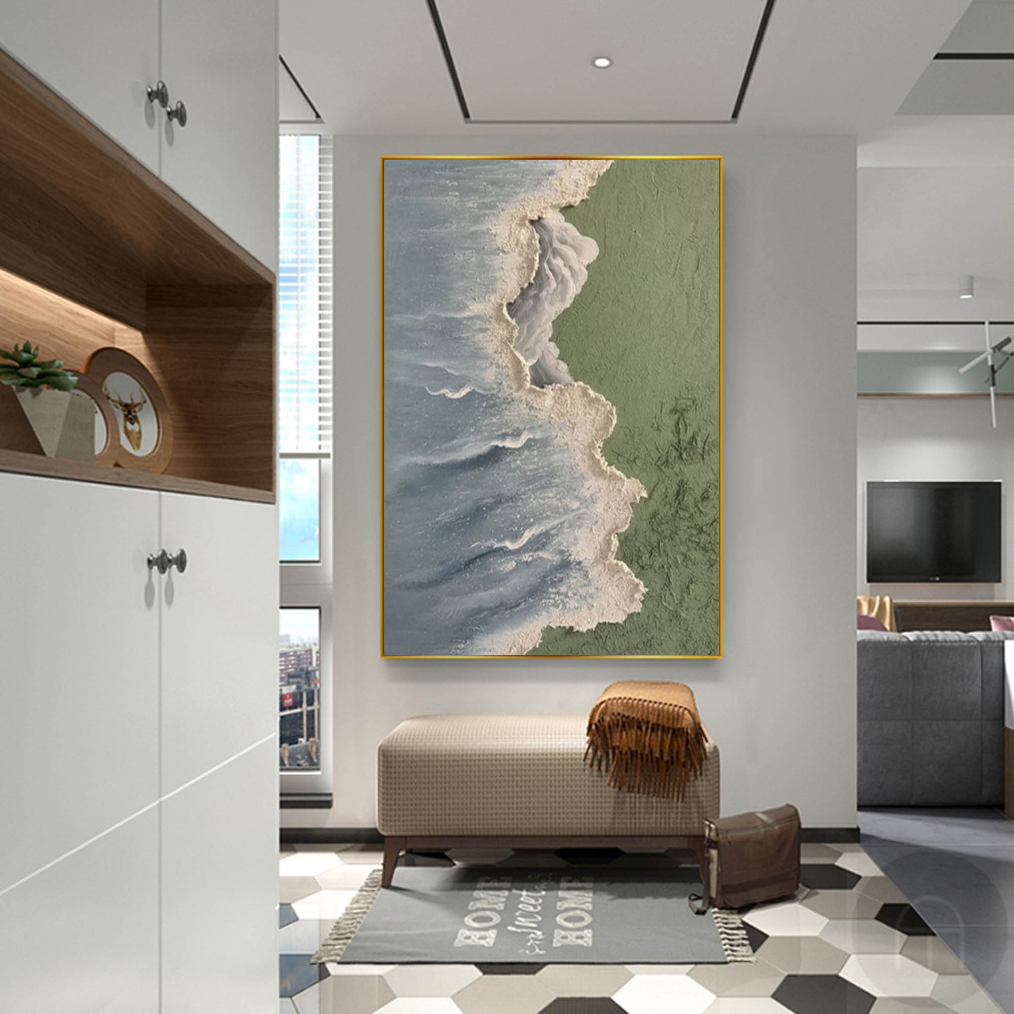 Original Abstract Beach Oil Painting On Canvas Large Blue Ocean Wall Art Seascape Painting Living room Wall Decor