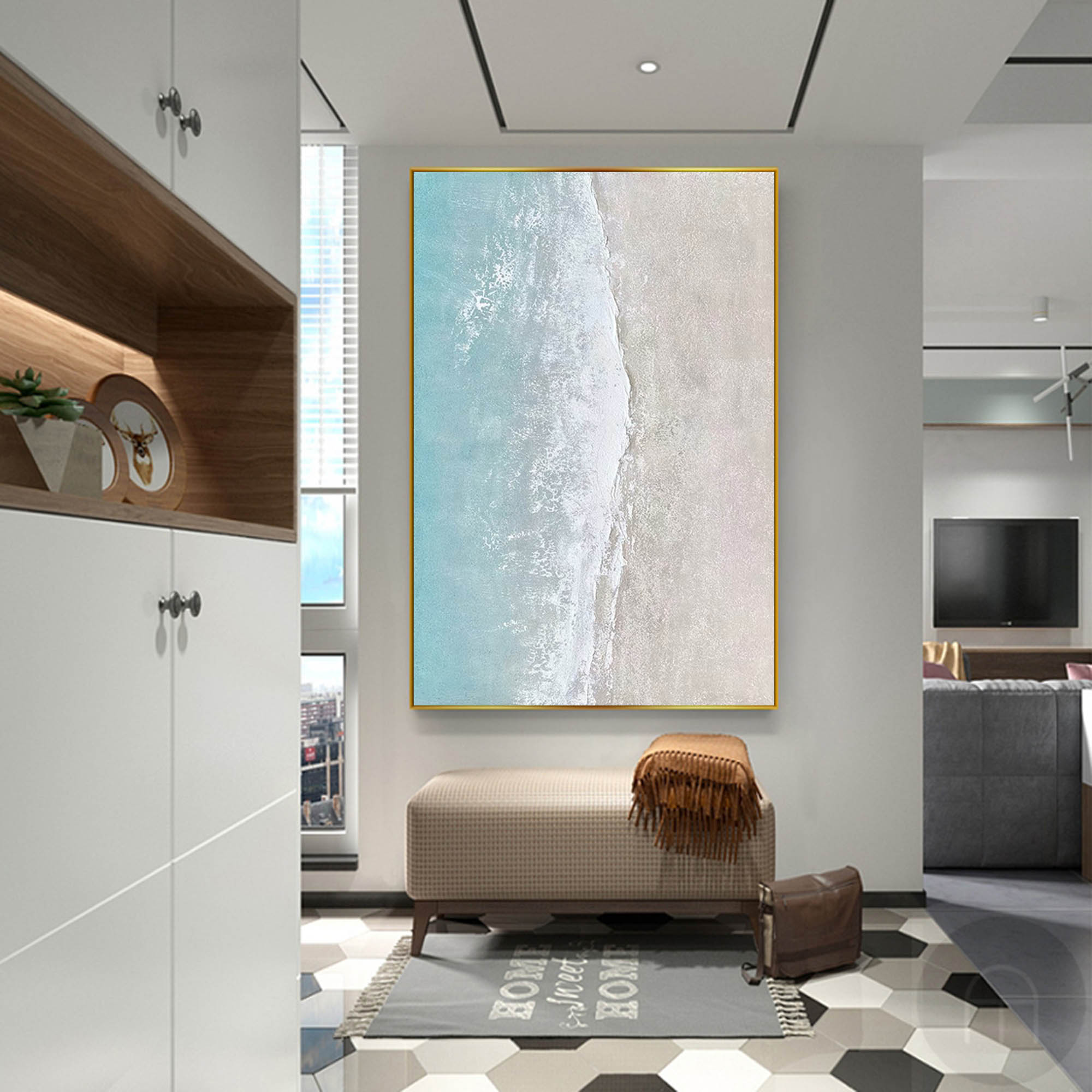 Abstract Original Beach Oil Painting On Canvas Large Blue Ocean Wall Art Seascape Painting Living room Wall Decor