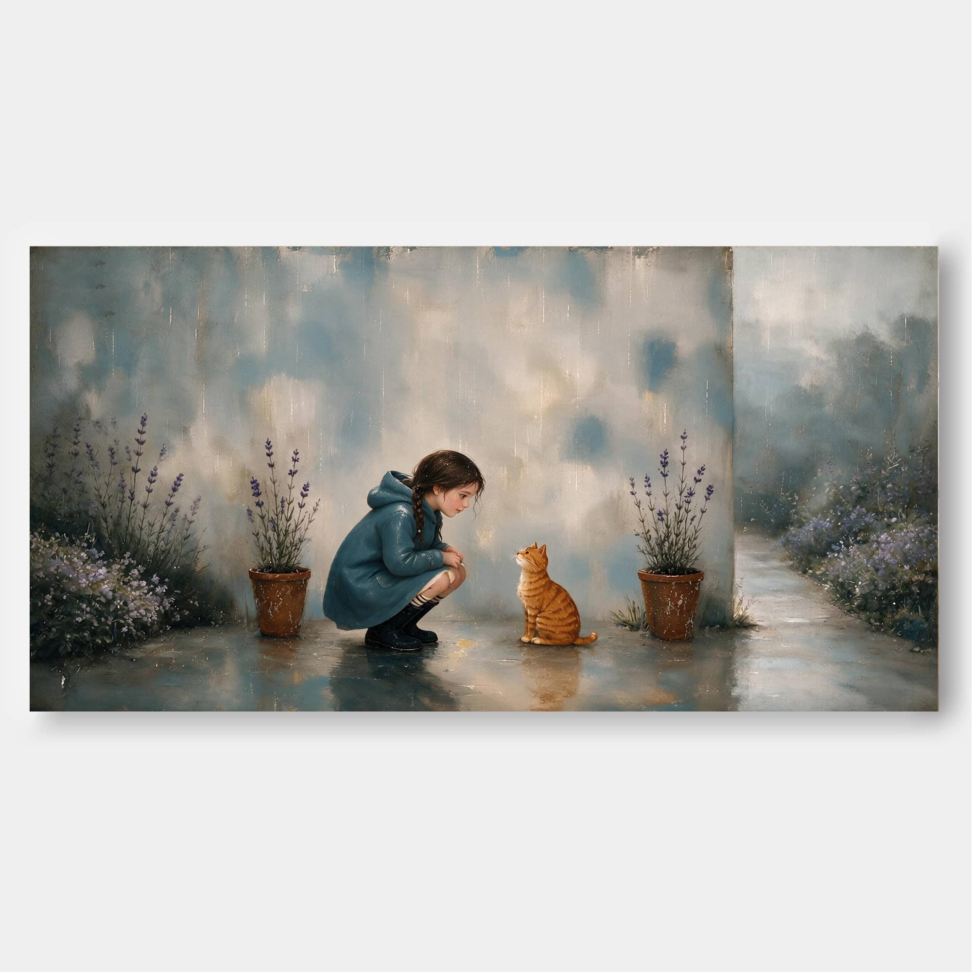 Serene Outdoor Path Artwork With Orange Cat And Purple Flowers For Lounge Decor