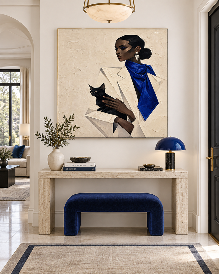 Geometric Woman With Black Cat Hand-Painted Canvas Art In Blue And Beige