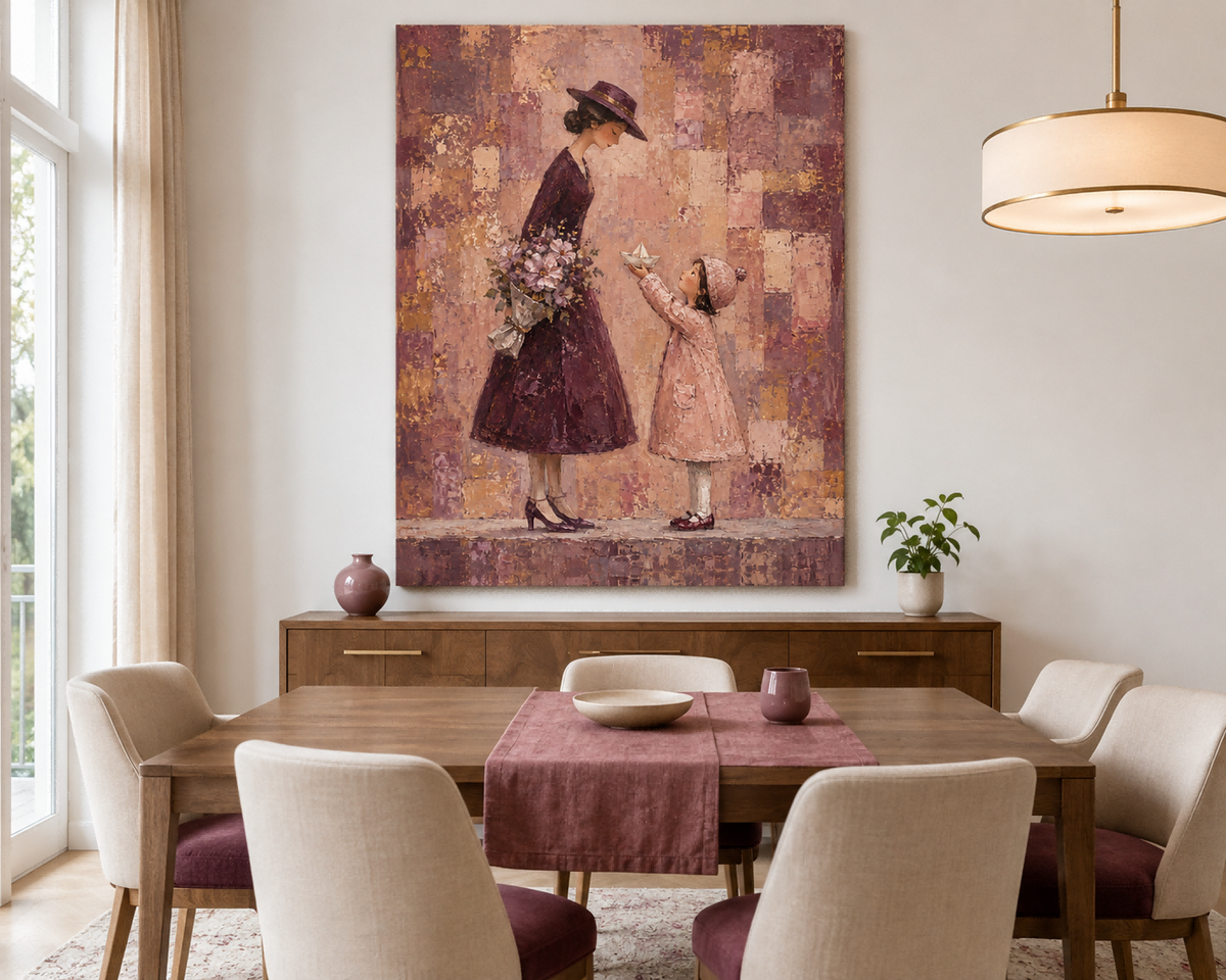 Abstract Modern Illustration Of Motherhood In Purple Textured Canvas Wall Art
