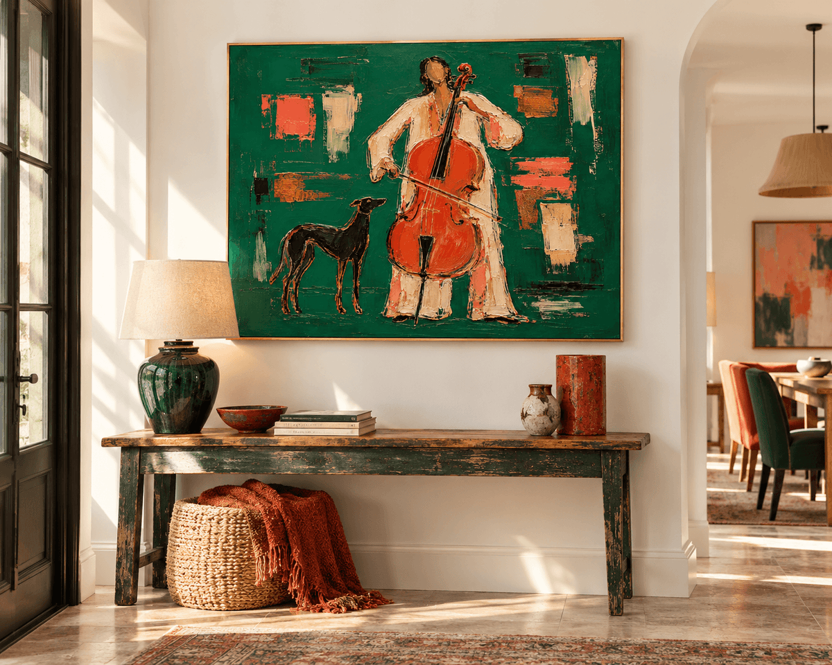 Textured Abstract Expressionist Art Elegant Musical Figure Painting In Emerald Tones