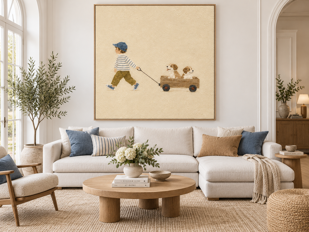 Warm Beige Kids Room Wall Art Boy And Dogs Original Painting
