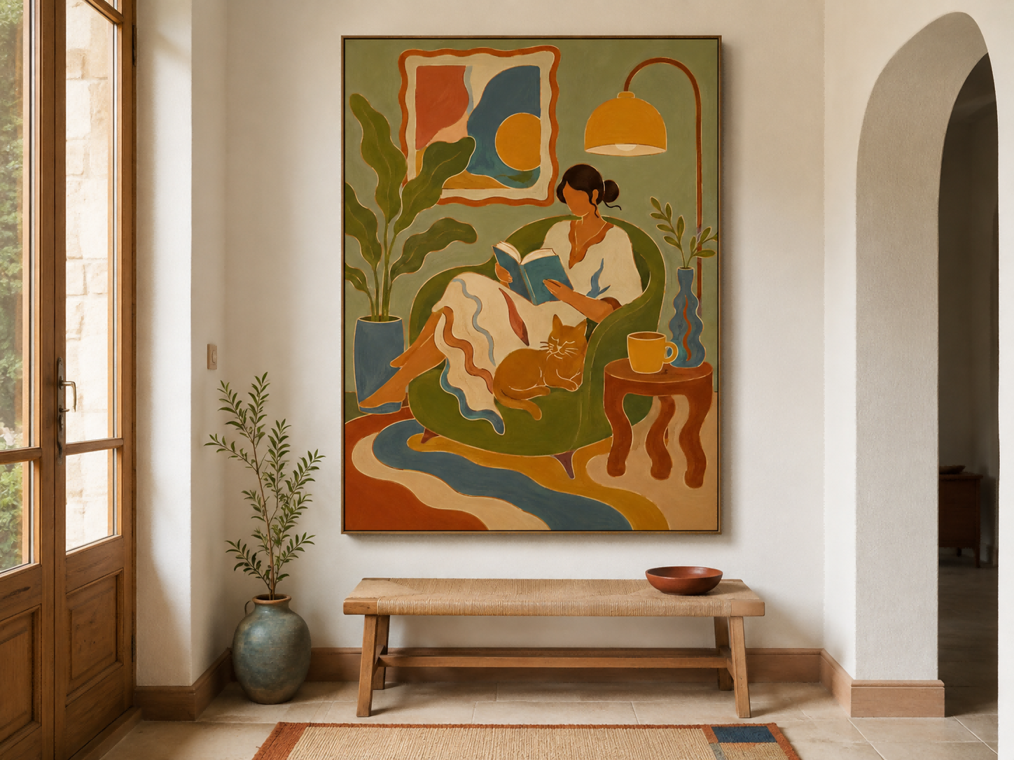 Art Deco Fantasy Style Canvas Art Woman Reading In Green Armchair Hand Painted